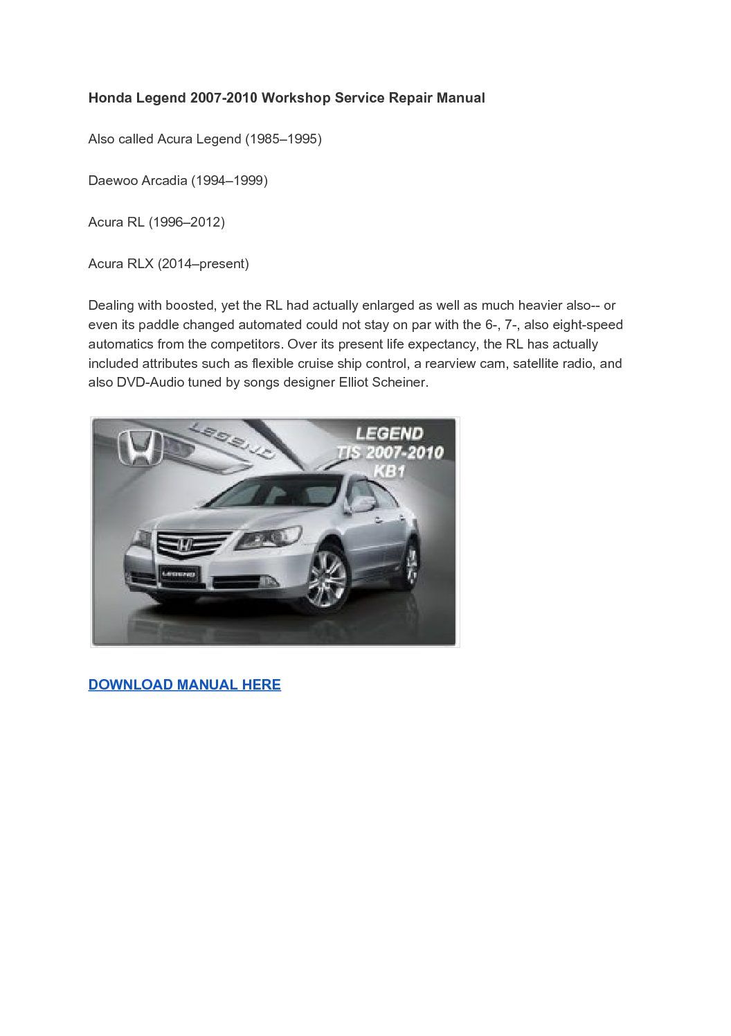 Honda Legend 2007 2010 Workshop Service Repair Manual